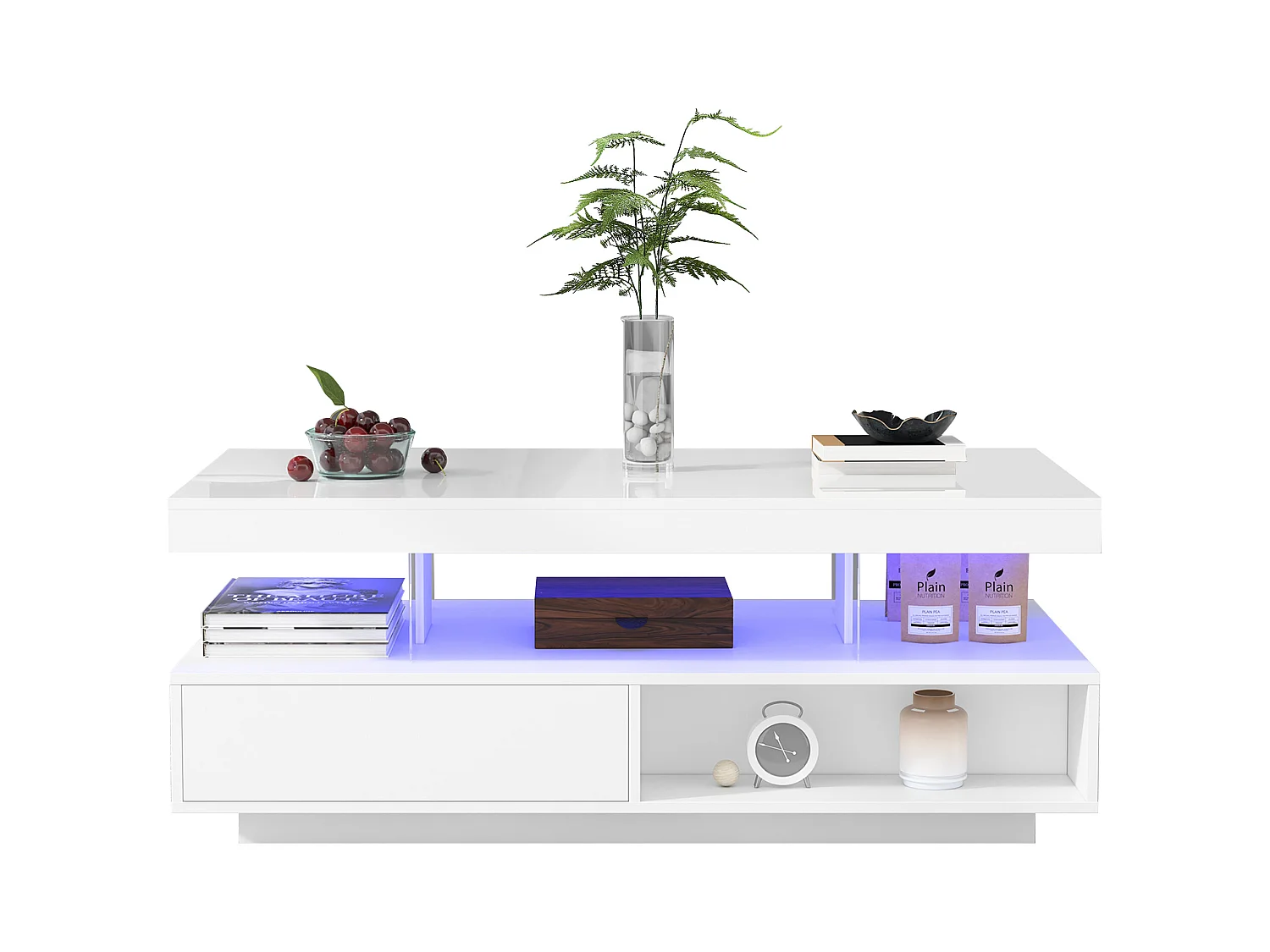 Table basse moderne avec 4 inserts en verre, 2 tiroirs, 2 compartiments ouverts, MDF, blanc (95 x 50 x 42.5 cm)