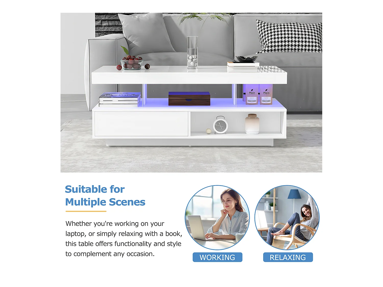 Table basse moderne avec 4 inserts en verre, 2 tiroirs, 2 compartiments ouverts, MDF, blanc (95 x 50 x 42.5 cm)