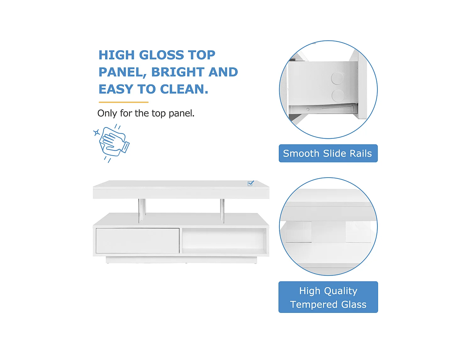 Table basse moderne avec 4 inserts en verre, 2 tiroirs, 2 compartiments ouverts, MDF, blanc (95 x 50 x 42.5 cm)
