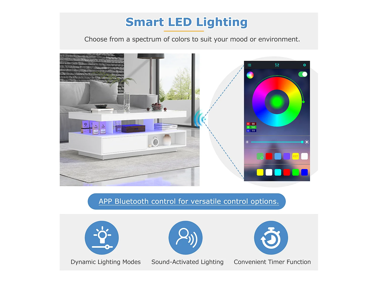 Table basse moderne avec 4 inserts en verre, 2 tiroirs, 2 compartiments ouverts, MDF, blanc (95 x 50 x 42.5 cm)
