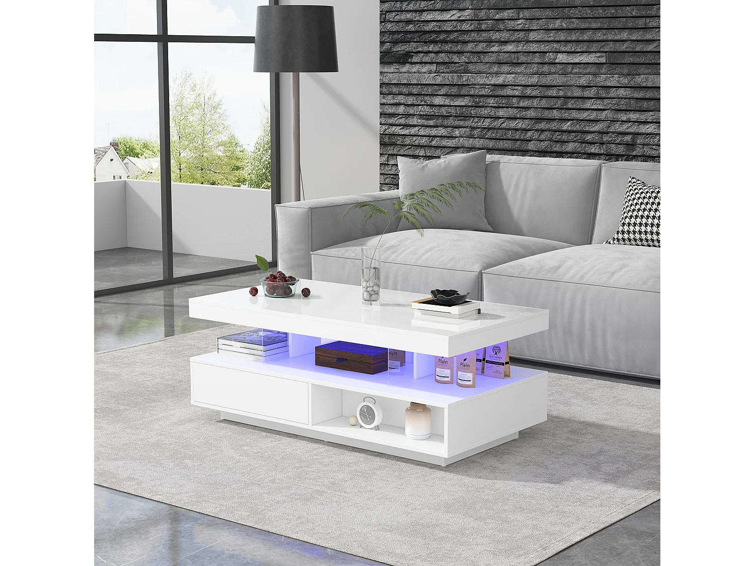 Table basse moderne avec 4 inserts en verre, 2 tiroirs, 2 compartiments ouverts, MDF, blanc (95 x 50 x 42.5 cm)