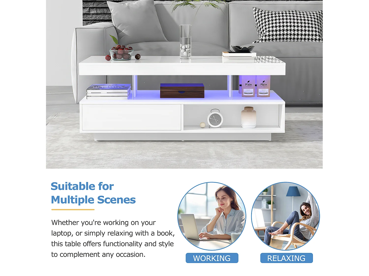 Table basse moderne avec 4 inserts en verre, 2 tiroirs, 2 compartiments ouverts, MDF, blanc (95 x 50 x 42.5 cm)