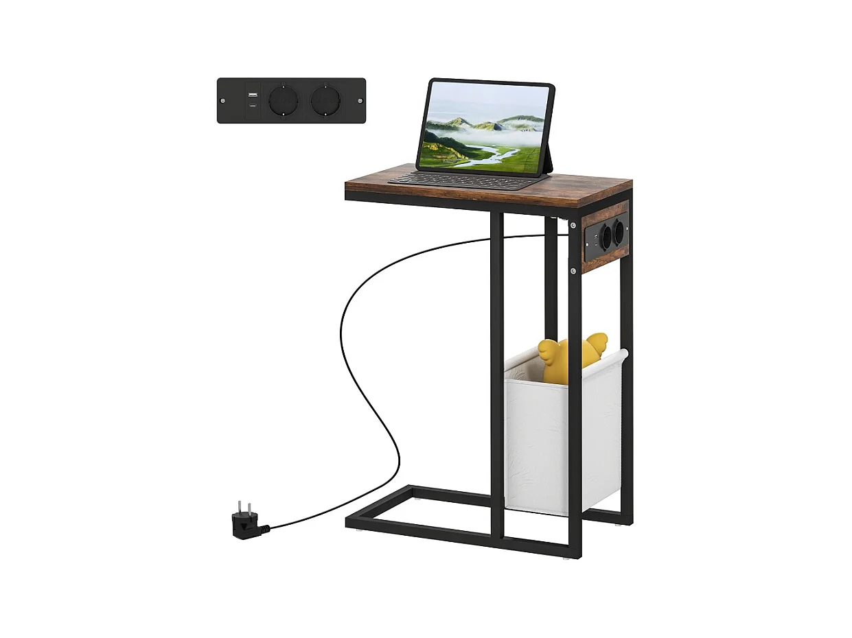 Table d'appoint C-forme avec prises USB et prise secteur, avec rangement, métal et bois, brun (46x25x62.5 cm)