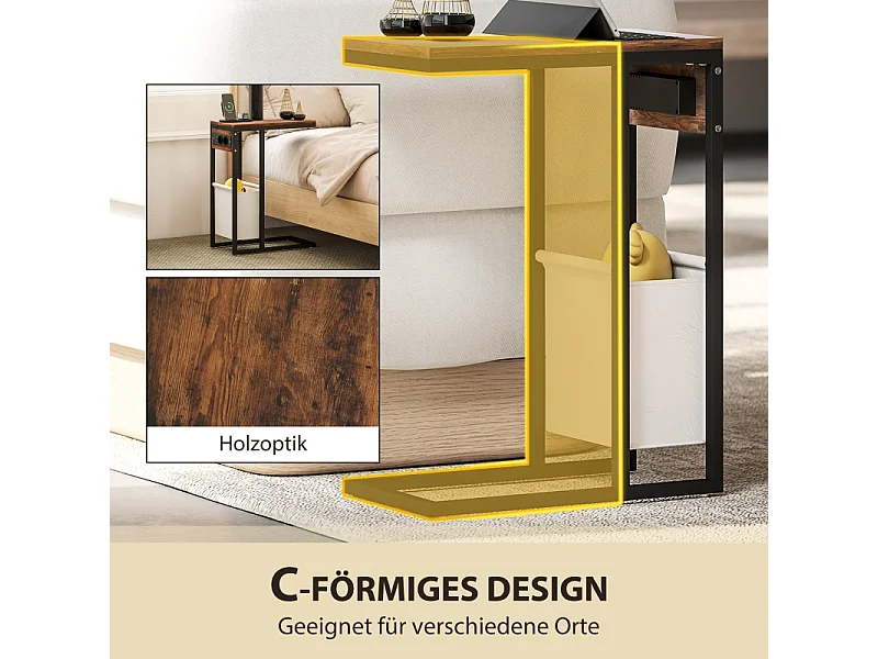 Table d'appoint C-forme avec prises USB et prise secteur, avec rangement, métal et bois, brun (46x25x62.5 cm)