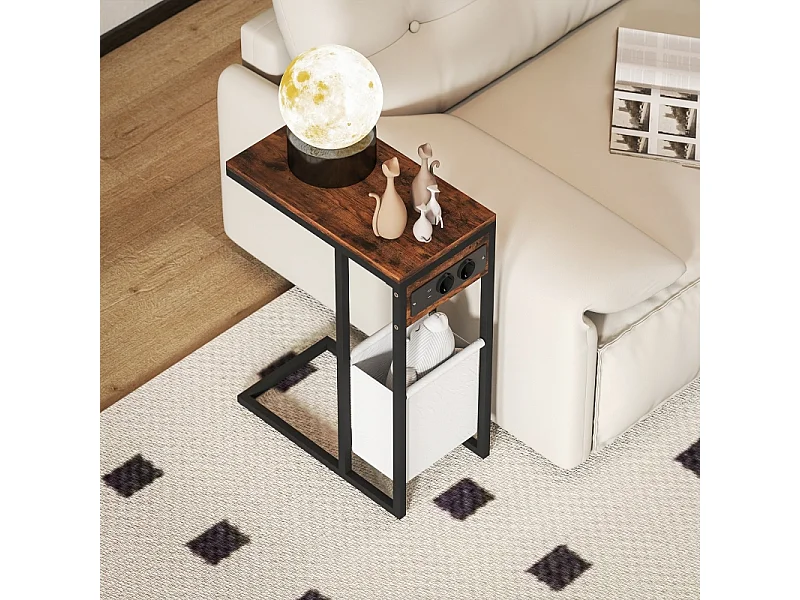 Table d'appoint C-forme avec prises USB et prise secteur, avec rangement, métal et bois, brun (46x25x62.5 cm)