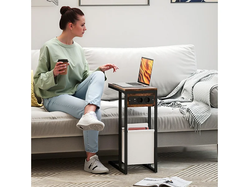 Table d'appoint C-forme avec prises USB et prise secteur, avec rangement, métal et bois, brun (46x25x62.5 cm)