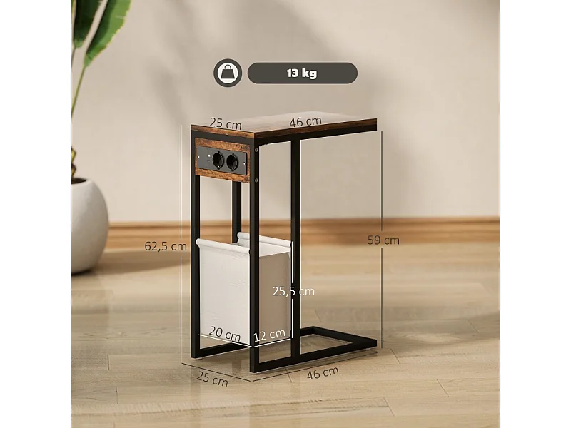 Table d'appoint C-forme avec prises USB et prise secteur, avec rangement, métal et bois, brun (46x25x62.5 cm)