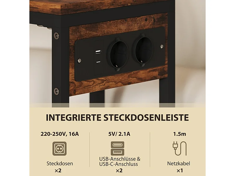Table d'appoint C-forme avec prises USB et prise secteur, avec rangement, métal et bois, brun (46x25x62.5 cm)