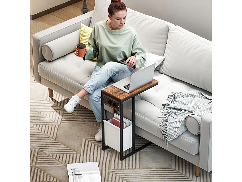 Table d'appoint C-forme avec prises USB et prise secteur, avec rangement, métal et bois, brun (46x25x62.5 cm)