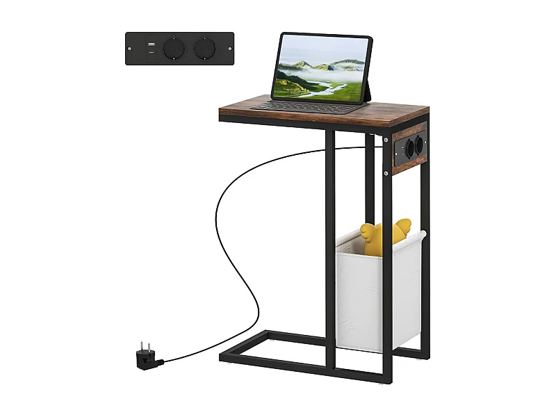 Table d'appoint C-forme avec prises USB et prise secteur, avec rangement, métal et bois, brun (46x25x62.5 cm)