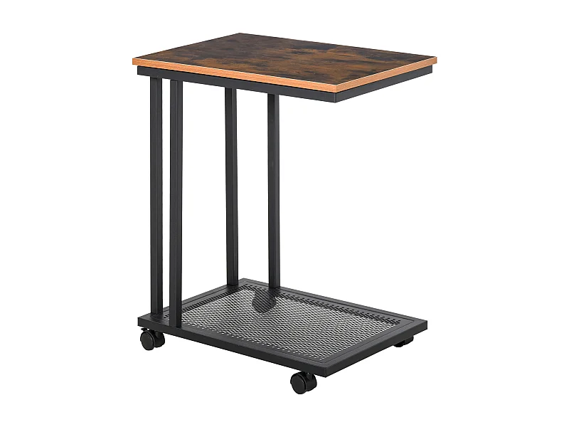Table d'appoint design en C, roulettes, MDF et métal, noir et noyer (51x36x65cm)