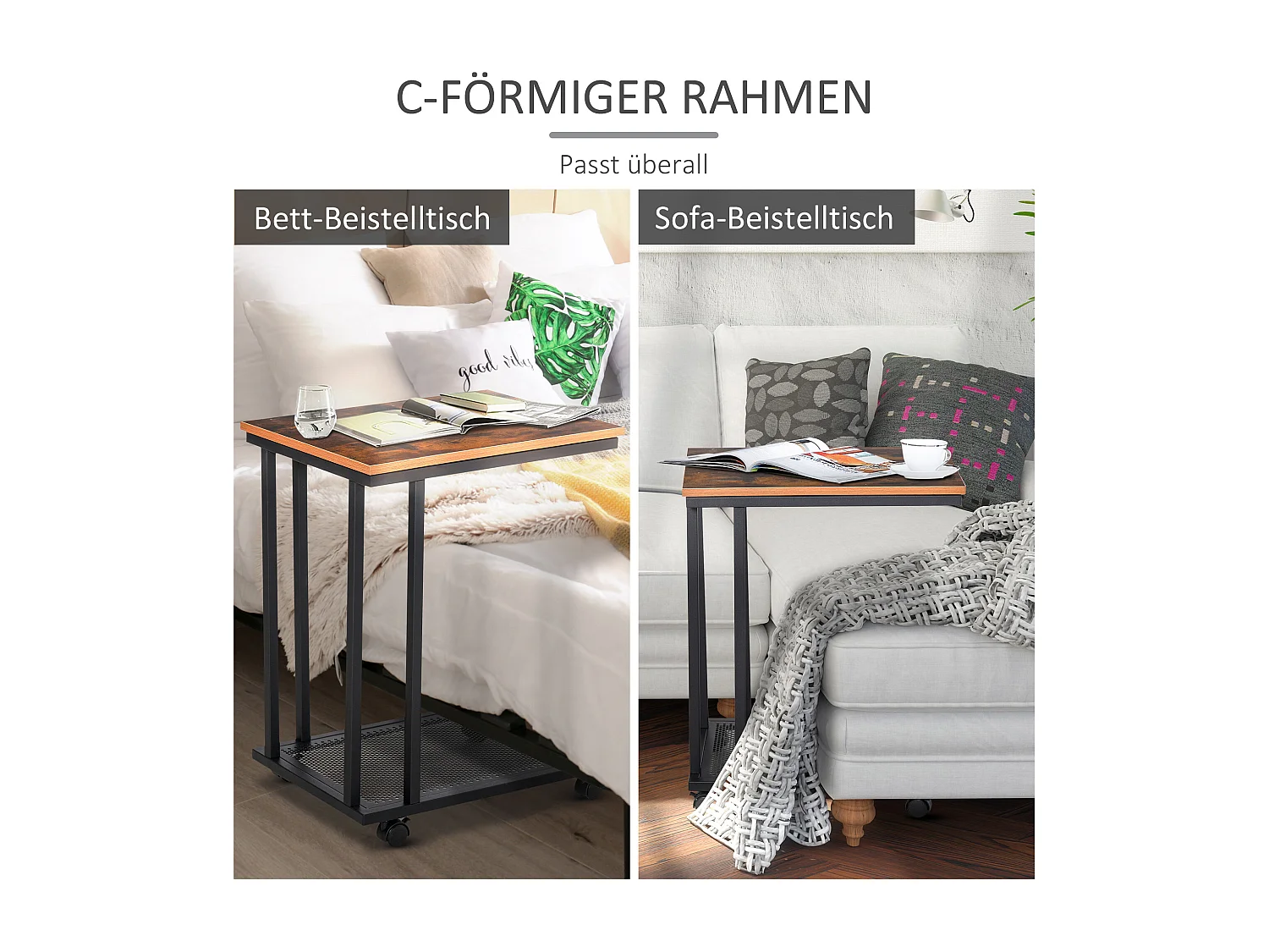 Table d'appoint design en C, roulettes, MDF et métal, noir et noyer (51x36x65cm)