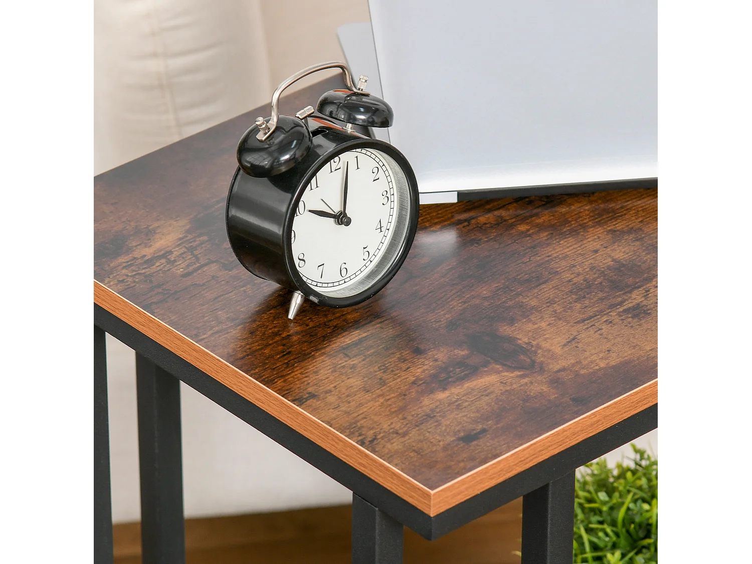 Table d'appoint design en C, roulettes, MDF et métal, noir et noyer (51x36x65cm)