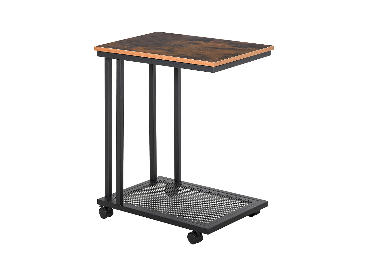 Tavolino laterale di design a forma di C, con ruote, MDF e metallo, nero e noce (51x36x65cm)