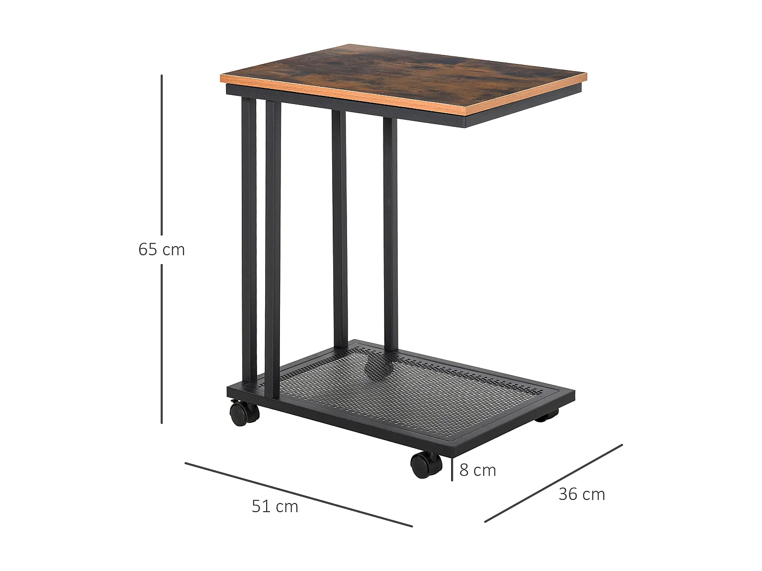 Tavolino laterale di design a forma di C, con ruote, MDF e metallo, nero e noce (51x36x65cm)