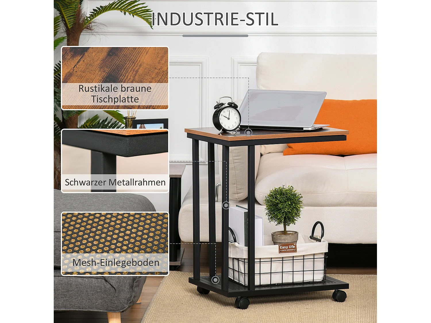 Tavolino laterale di design a forma di C, con ruote, MDF e metallo, nero e noce (51x36x65cm)