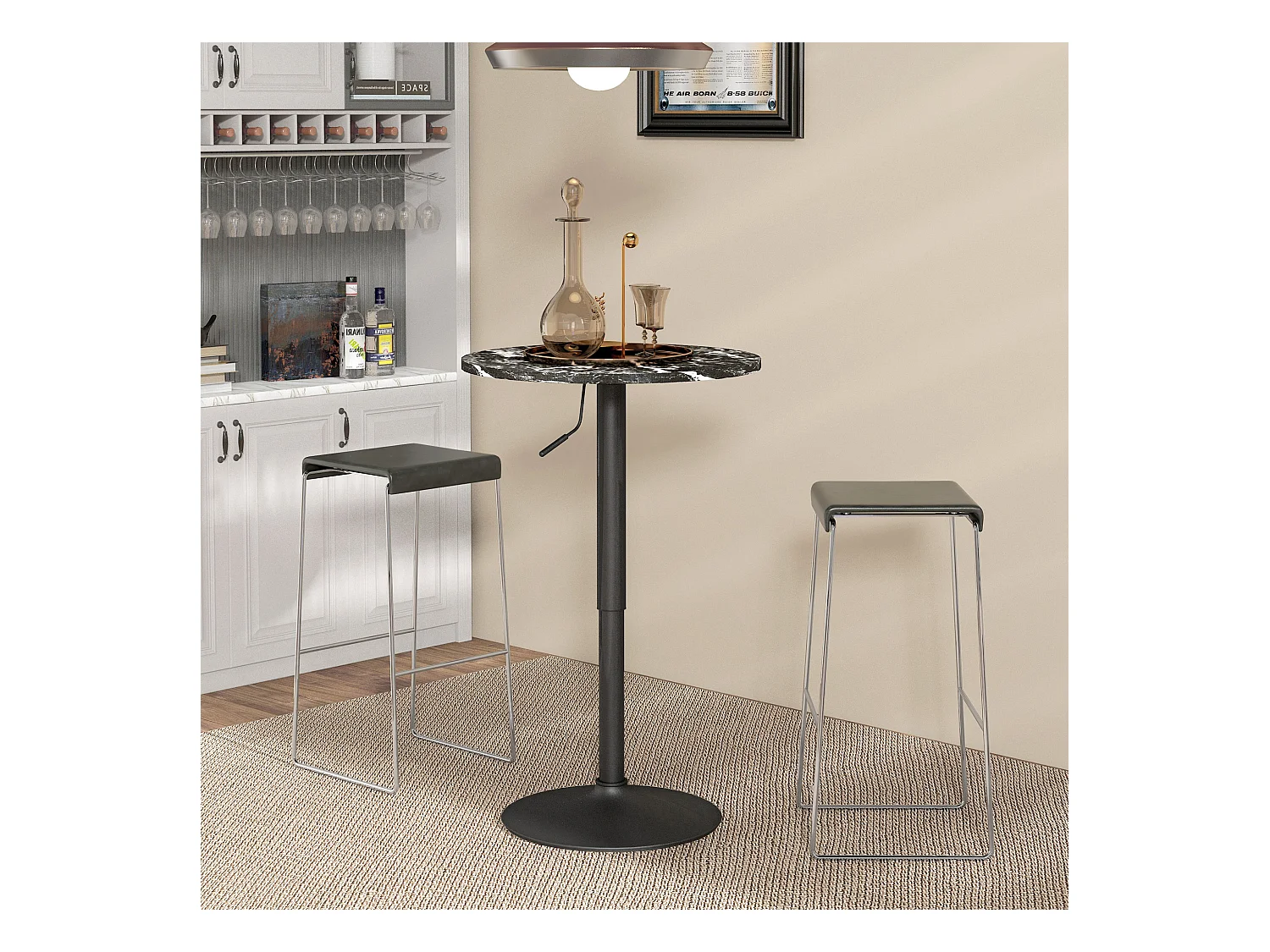 Uitschuifbare ronde hoge tafel, marmerlook, melamine multiplex, zwart (Ø60x68-93,5 cm)