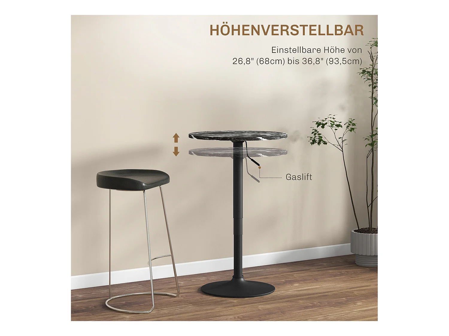 Uitschuifbare ronde hoge tafel, marmerlook, melamine multiplex, zwart (Ø60x68-93,5 cm)