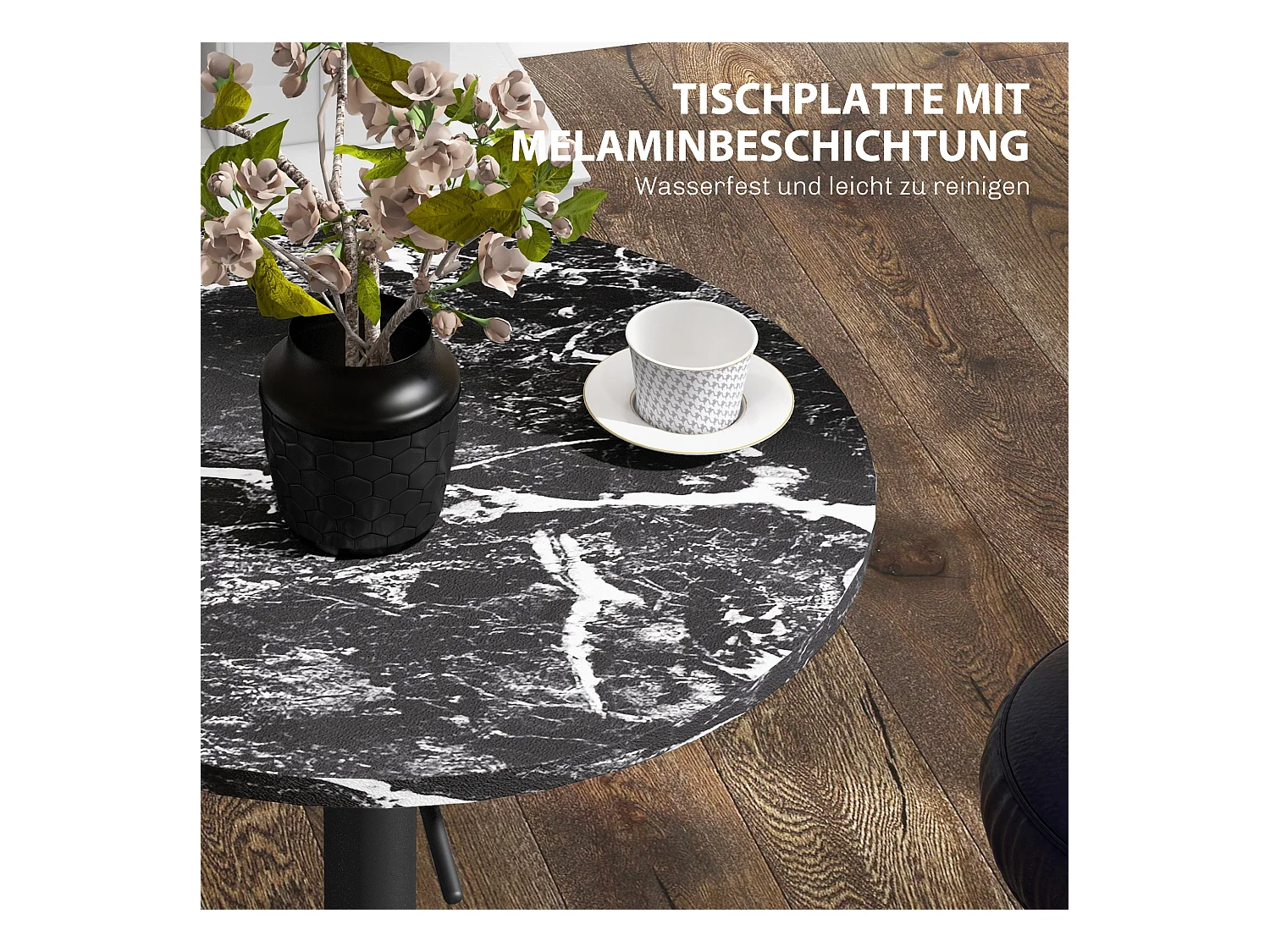 Uitschuifbare ronde hoge tafel, marmerlook, melamine multiplex, zwart (Ø60x68-93,5 cm)