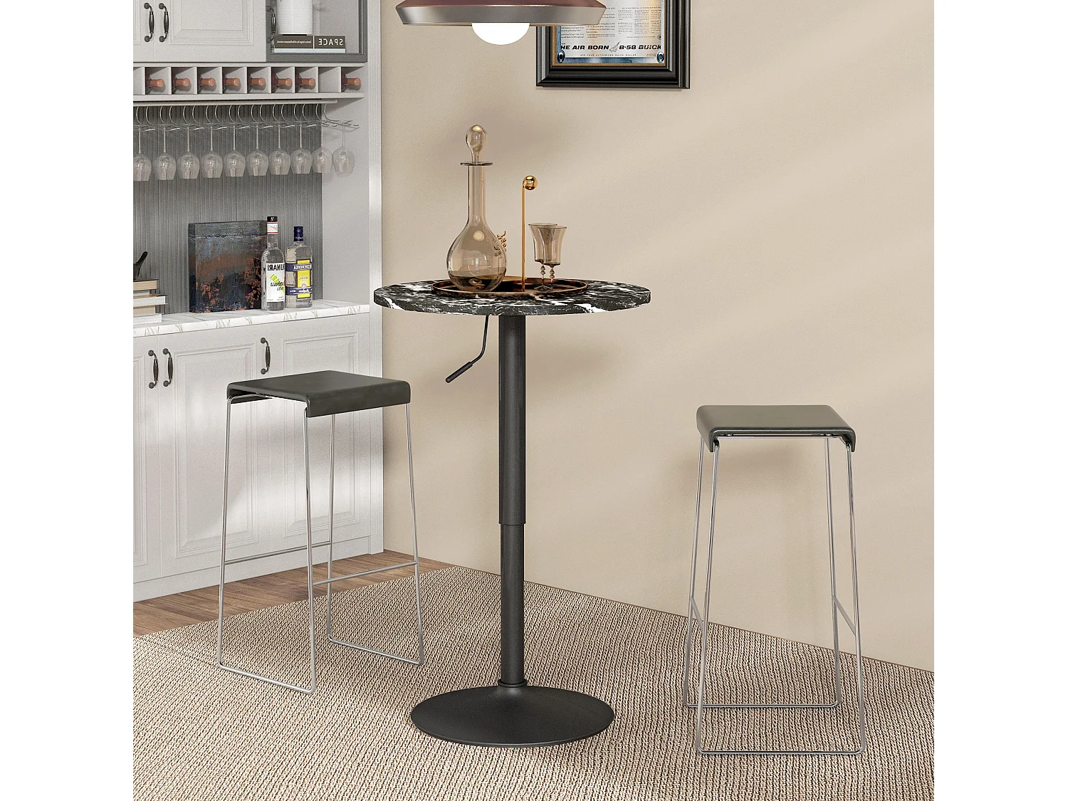 Table haute ronde extensible, effet marbre, contreplaqué mélaminé, noir (Ø60x68-93.5 cm)