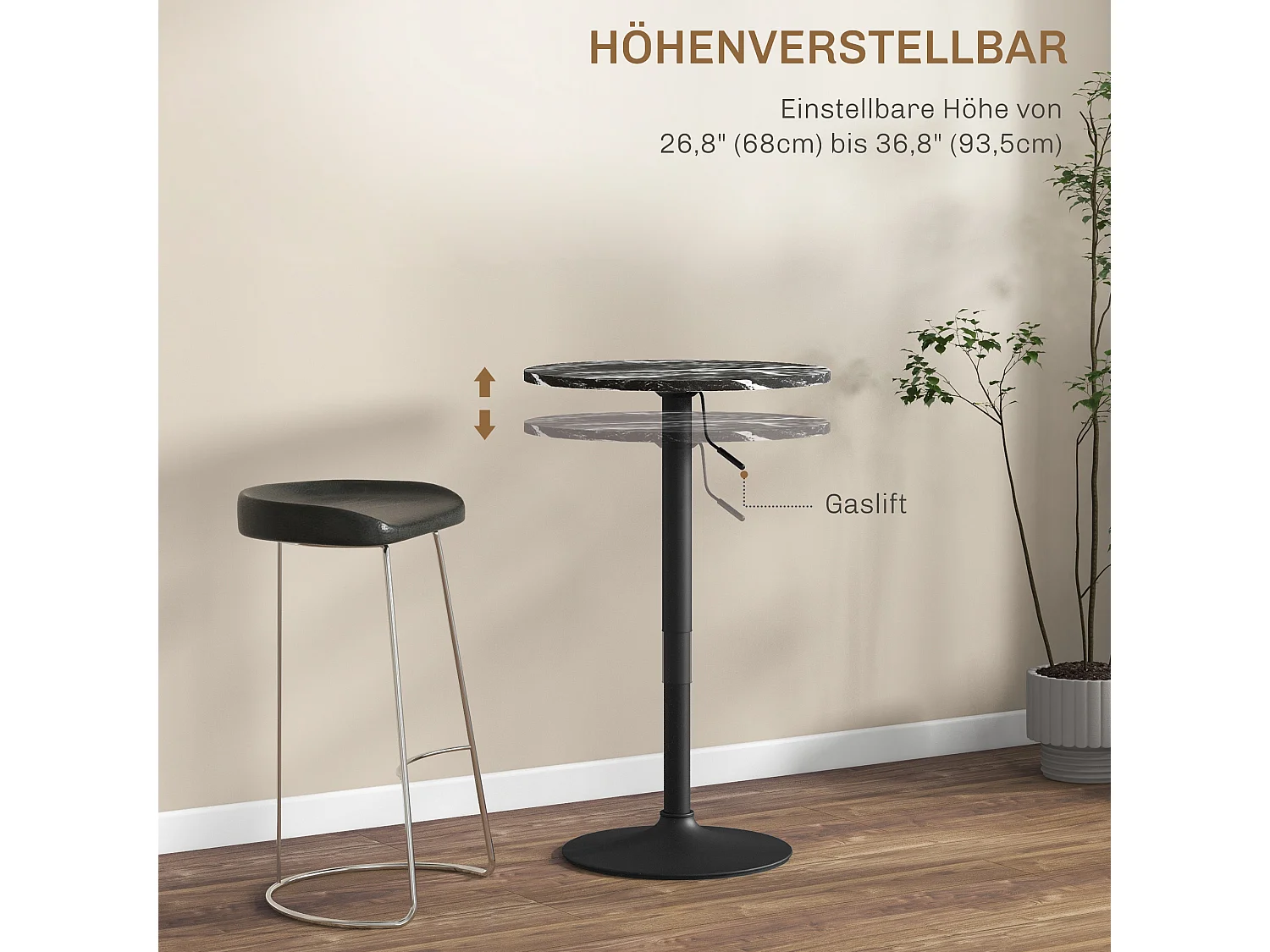 Table haute ronde extensible, effet marbre, contreplaqué mélaminé, noir (Ø60x68-93.5 cm)