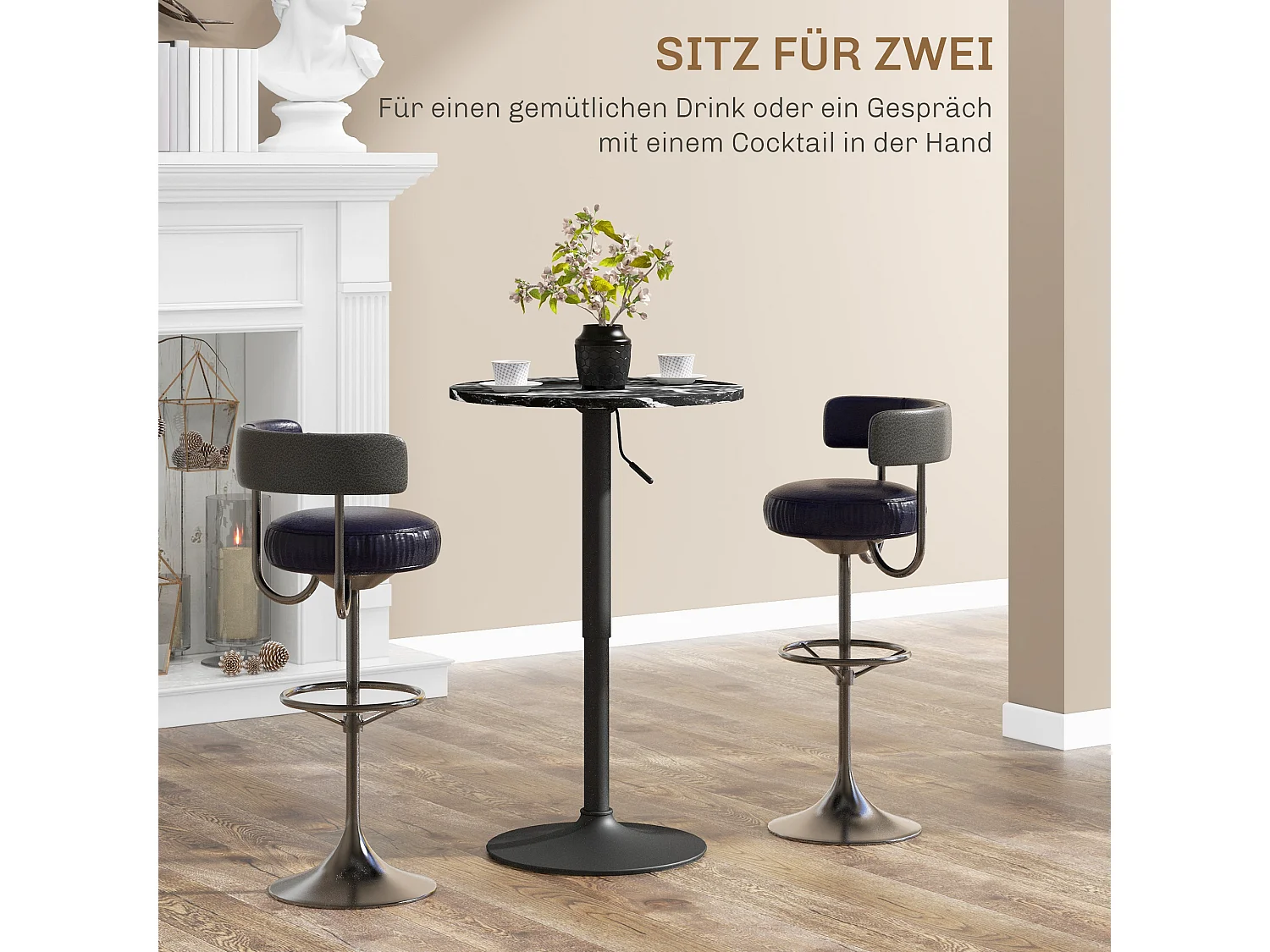 Table haute ronde extensible, effet marbre, contreplaqué mélaminé, noir (Ø60x68-93.5 cm)