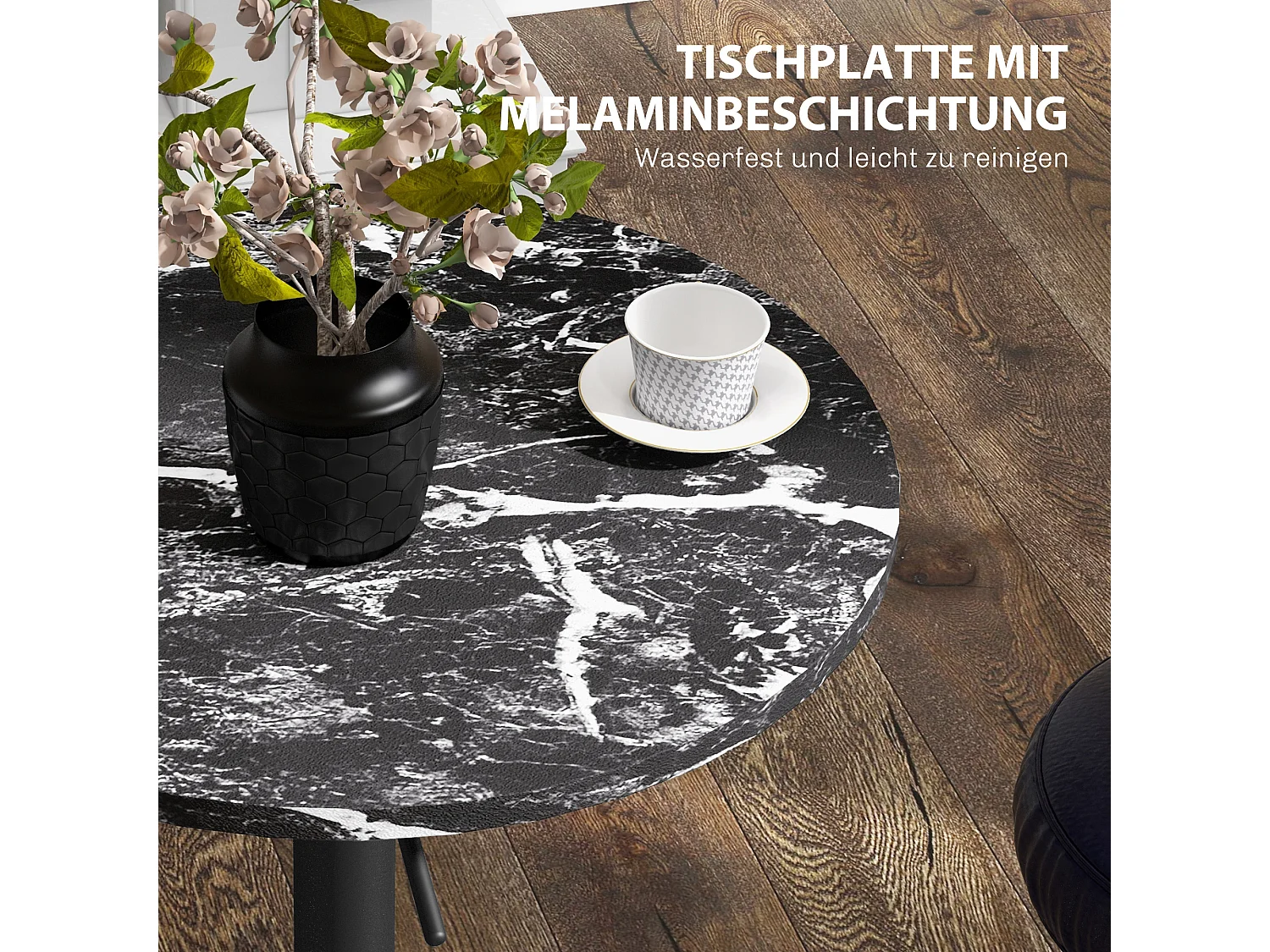 Table haute ronde extensible, effet marbre, contreplaqué mélaminé, noir (Ø60x68-93.5 cm)