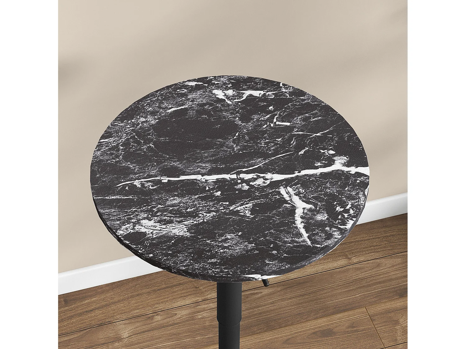 Table haute ronde extensible, effet marbre, contreplaqué mélaminé, noir (Ø60x68-93.5 cm)