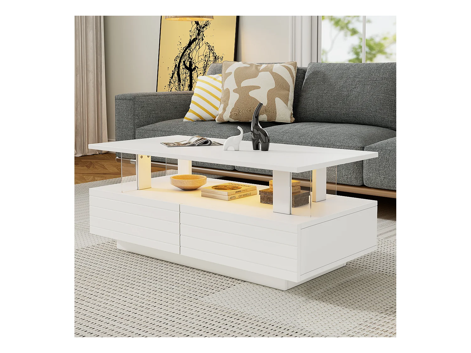 Table basse LED blanche avec rangement, table basse acrylique, design moderne avec contrôle Bluetooth via application mobile, 100x50x42 cm