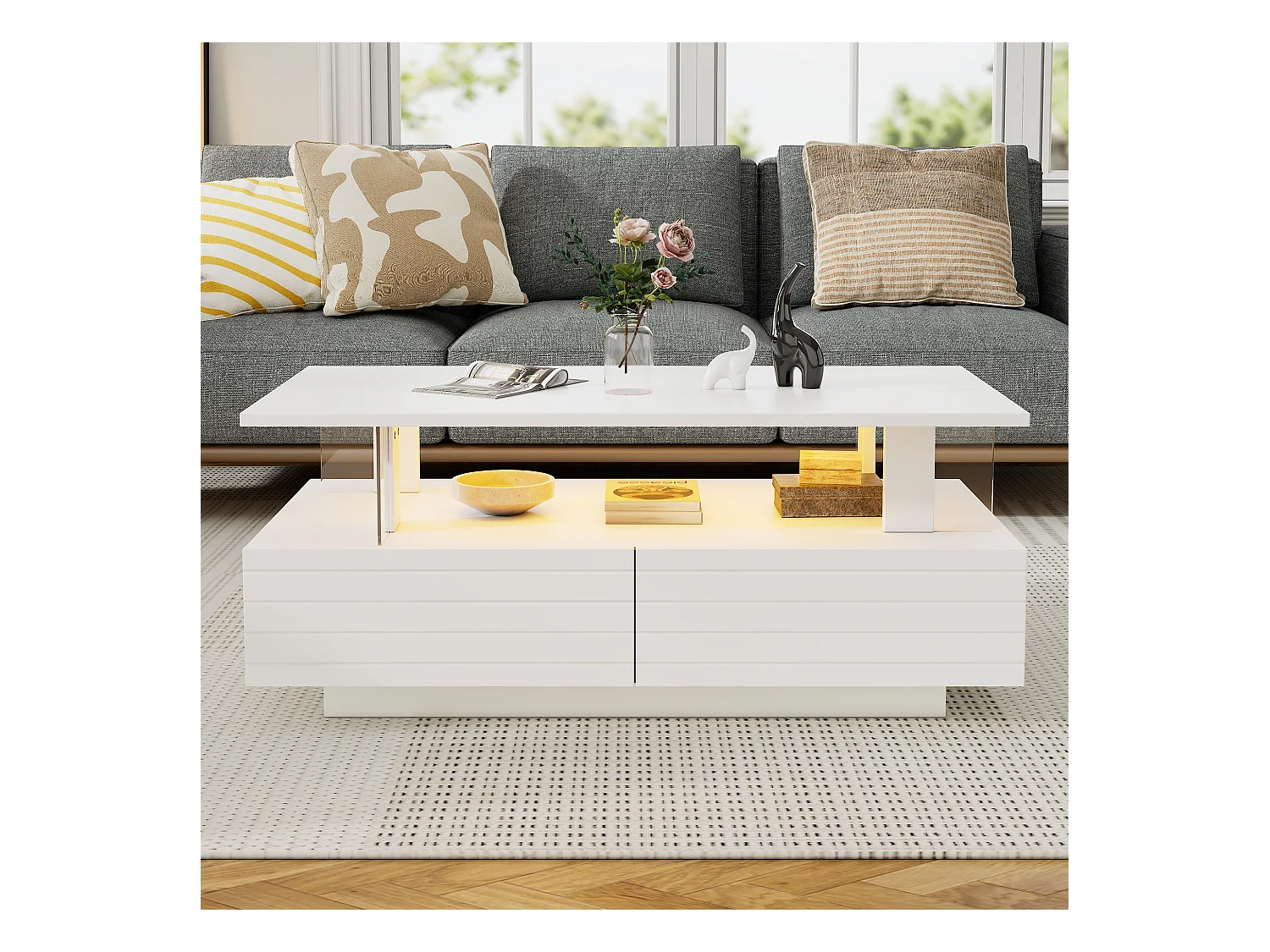 Table basse LED blanche avec rangement, table basse acrylique, design moderne avec contrôle Bluetooth via application mobile, 100x50x42 cm