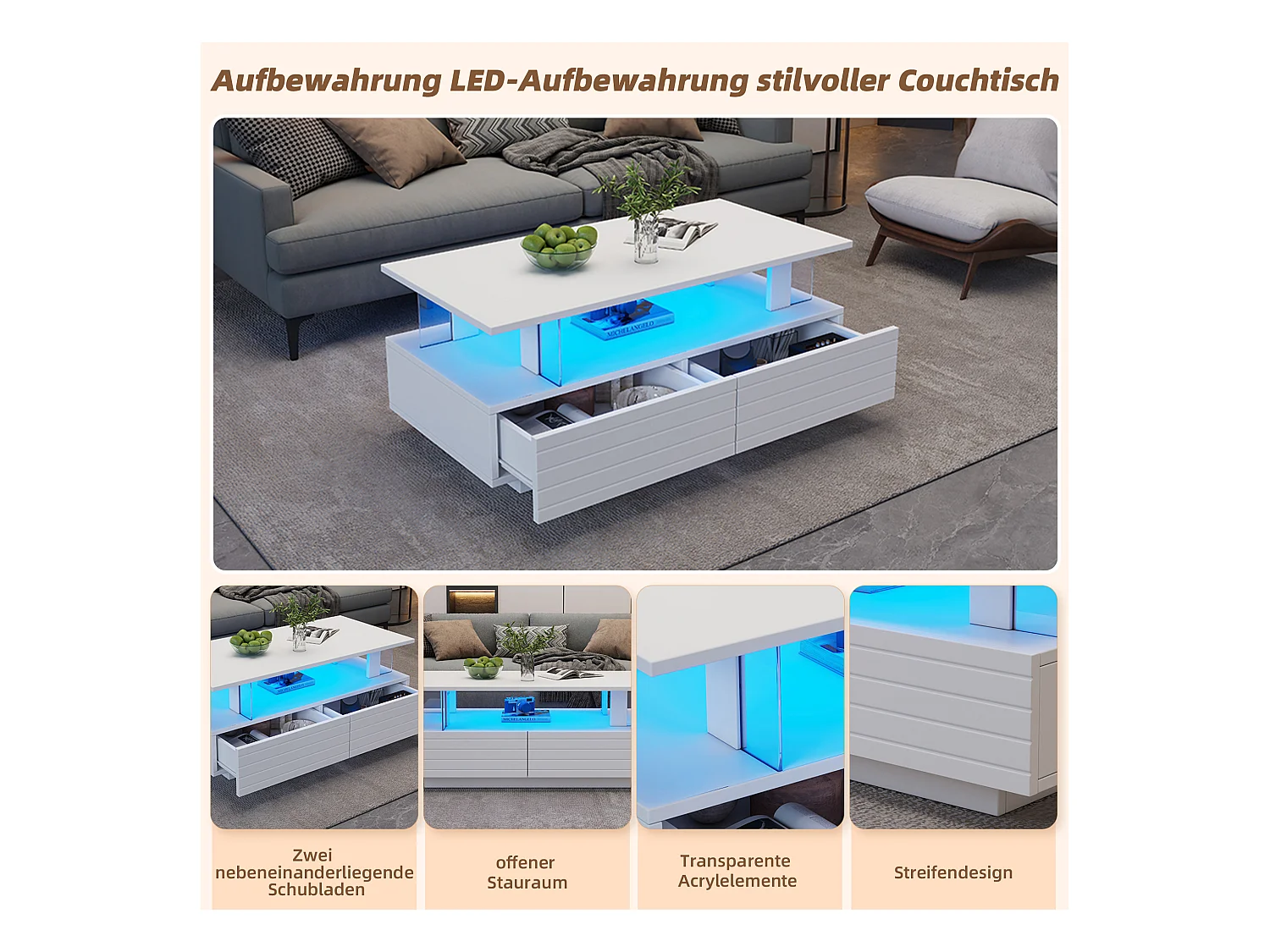 Table basse LED blanche avec rangement, table basse acrylique, design moderne avec contrôle Bluetooth via application mobile, 100x50x42 cm