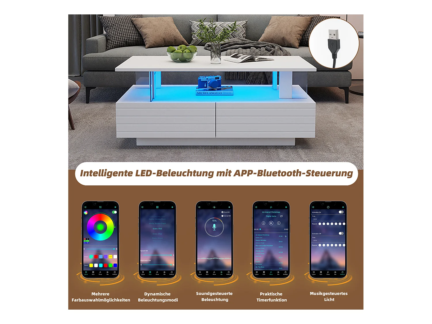 Table basse LED blanche avec rangement, table basse acrylique, design moderne avec contrôle Bluetooth via application mobile, 100x50x42 cm