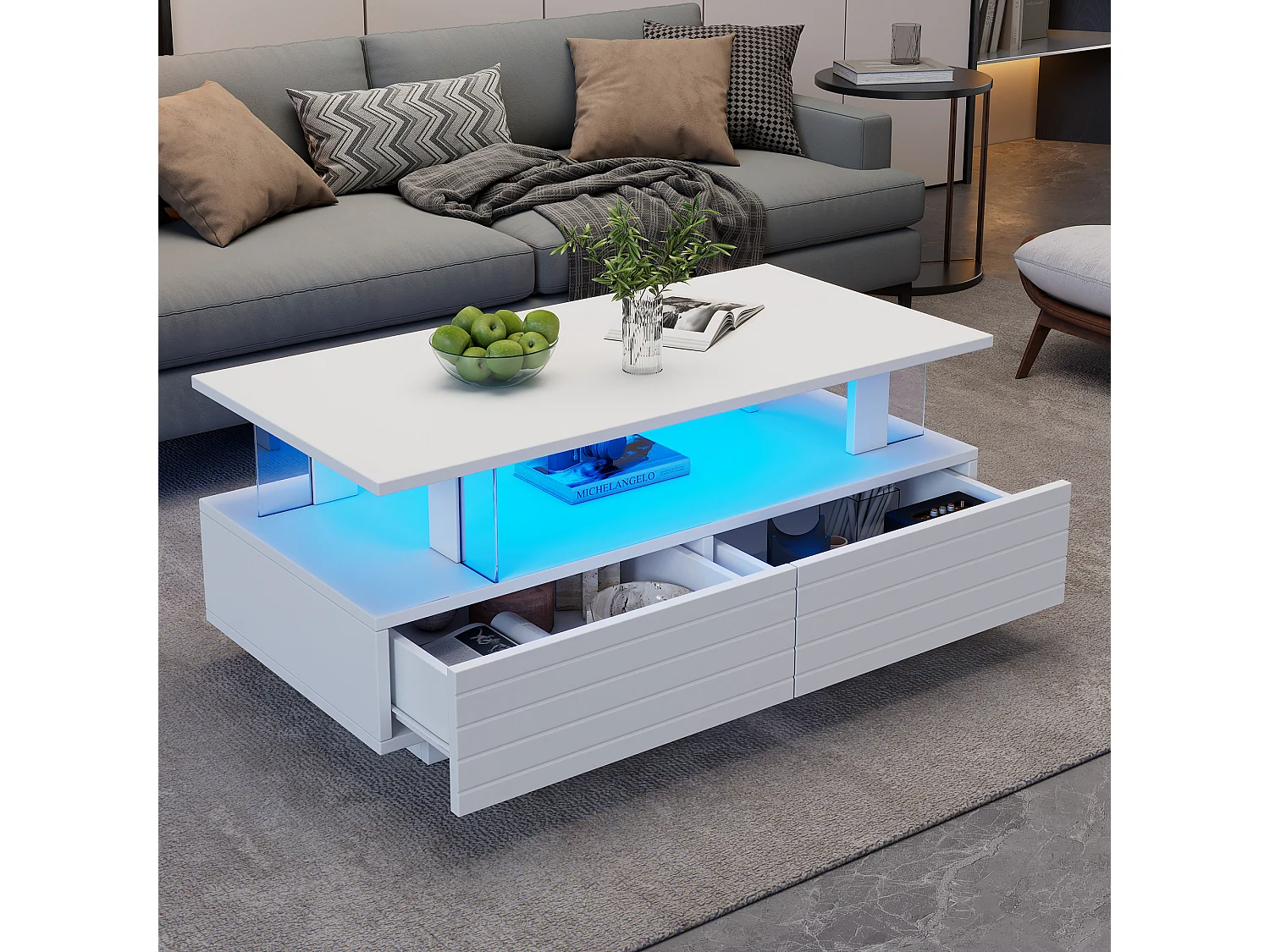 Table basse LED blanche avec rangement, table basse acrylique, design moderne avec contrôle Bluetooth via application mobile, 100x50x42 cm