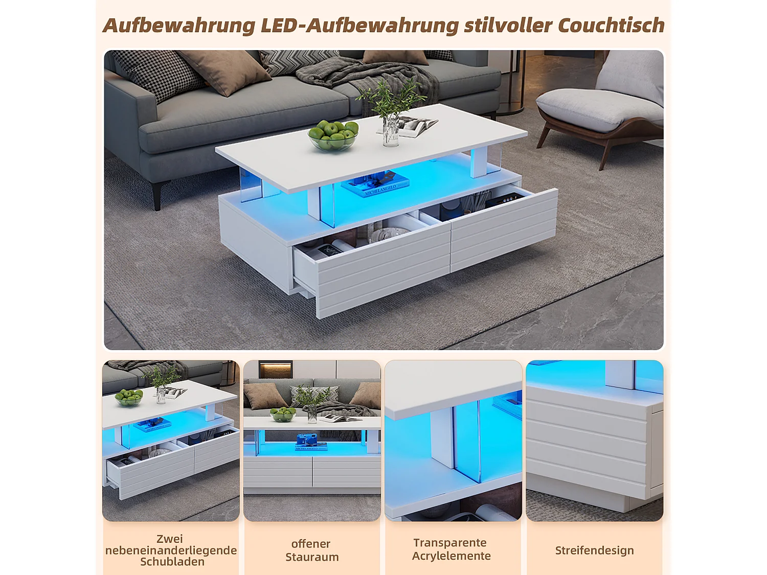 Table basse LED blanche avec rangement, table basse acrylique, design moderne avec contrôle Bluetooth via application mobile, 100x50x42 cm