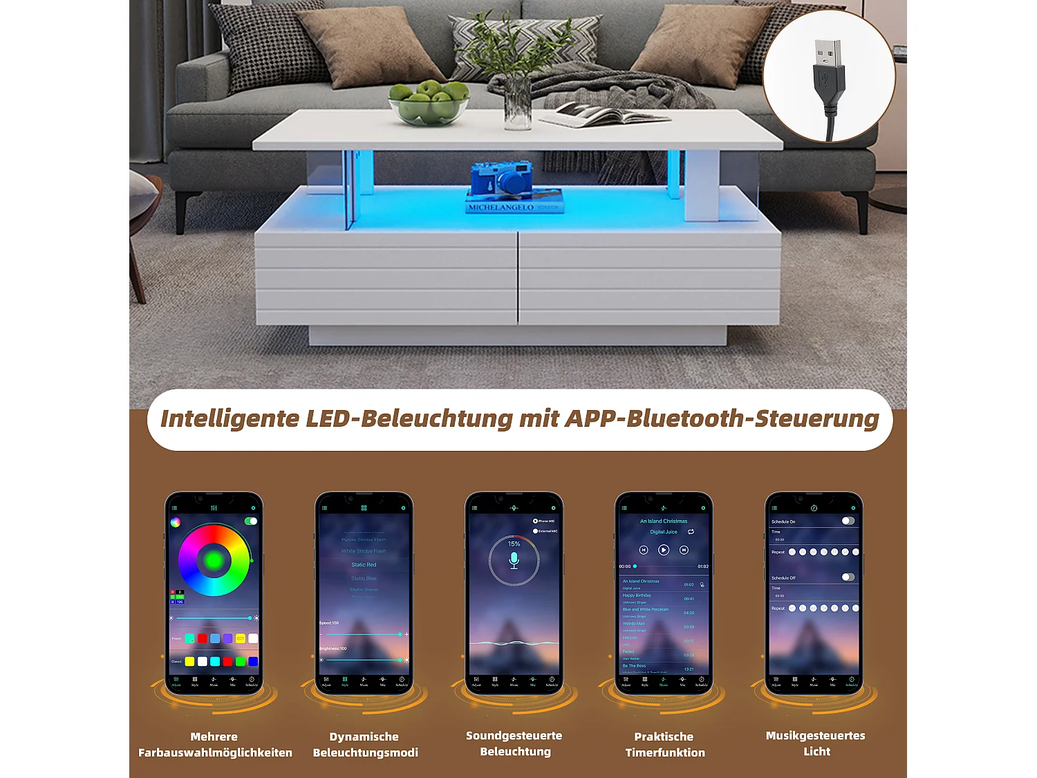 Table basse LED blanche avec rangement, table basse acrylique, design moderne avec contrôle Bluetooth via application mobile, 100x50x42 cm