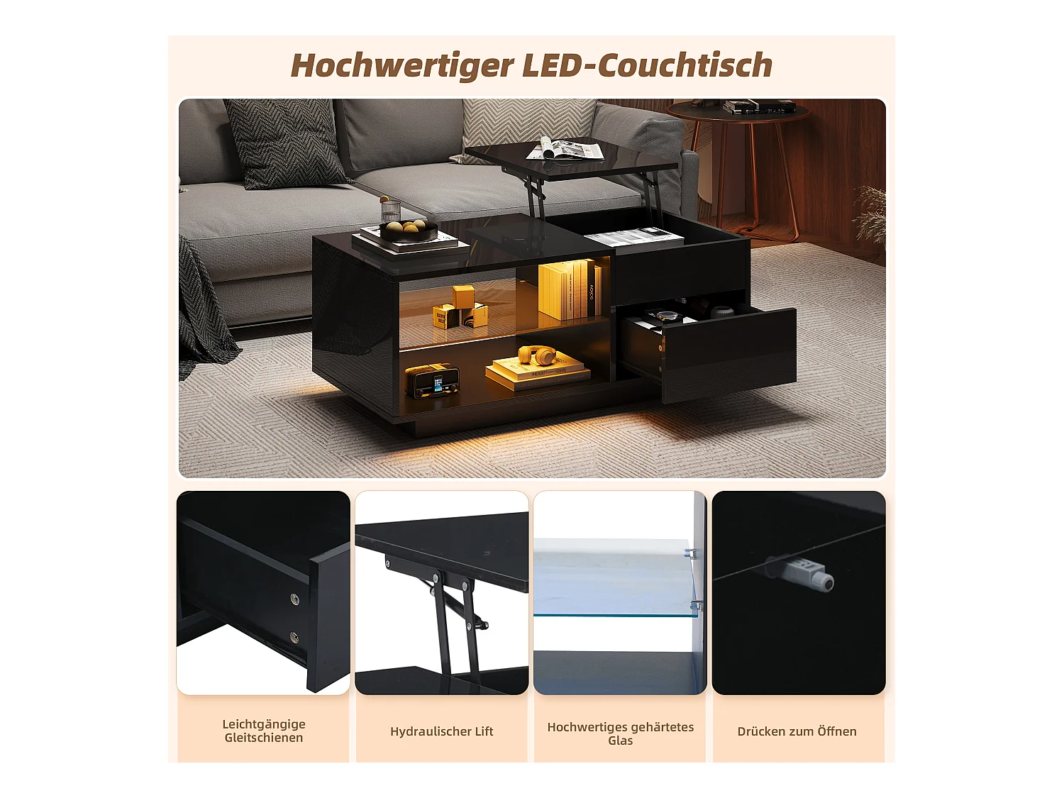 Table basse noire avec fonction hydraulique, LED, 1 tiroir et séparateur en verre, (100x49x40 cm)