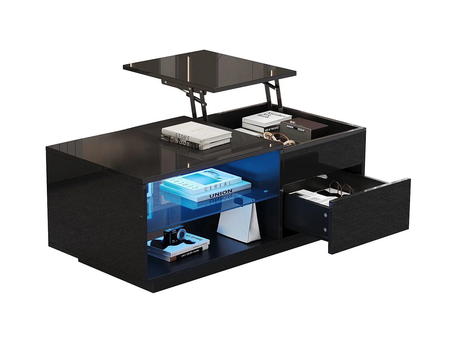 Table basse noire avec fonction hydraulique, LED, 1 tiroir et séparateur en verre, (100x49x40 cm)