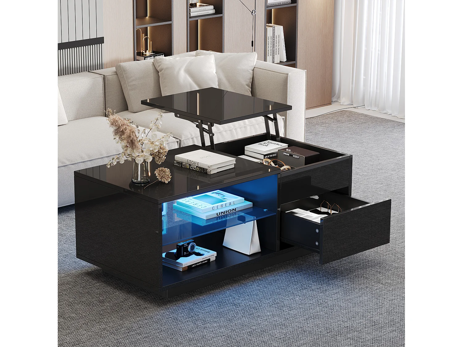 Table basse noire avec fonction hydraulique, LED, 1 tiroir et séparateur en verre, (100x49x40 cm)