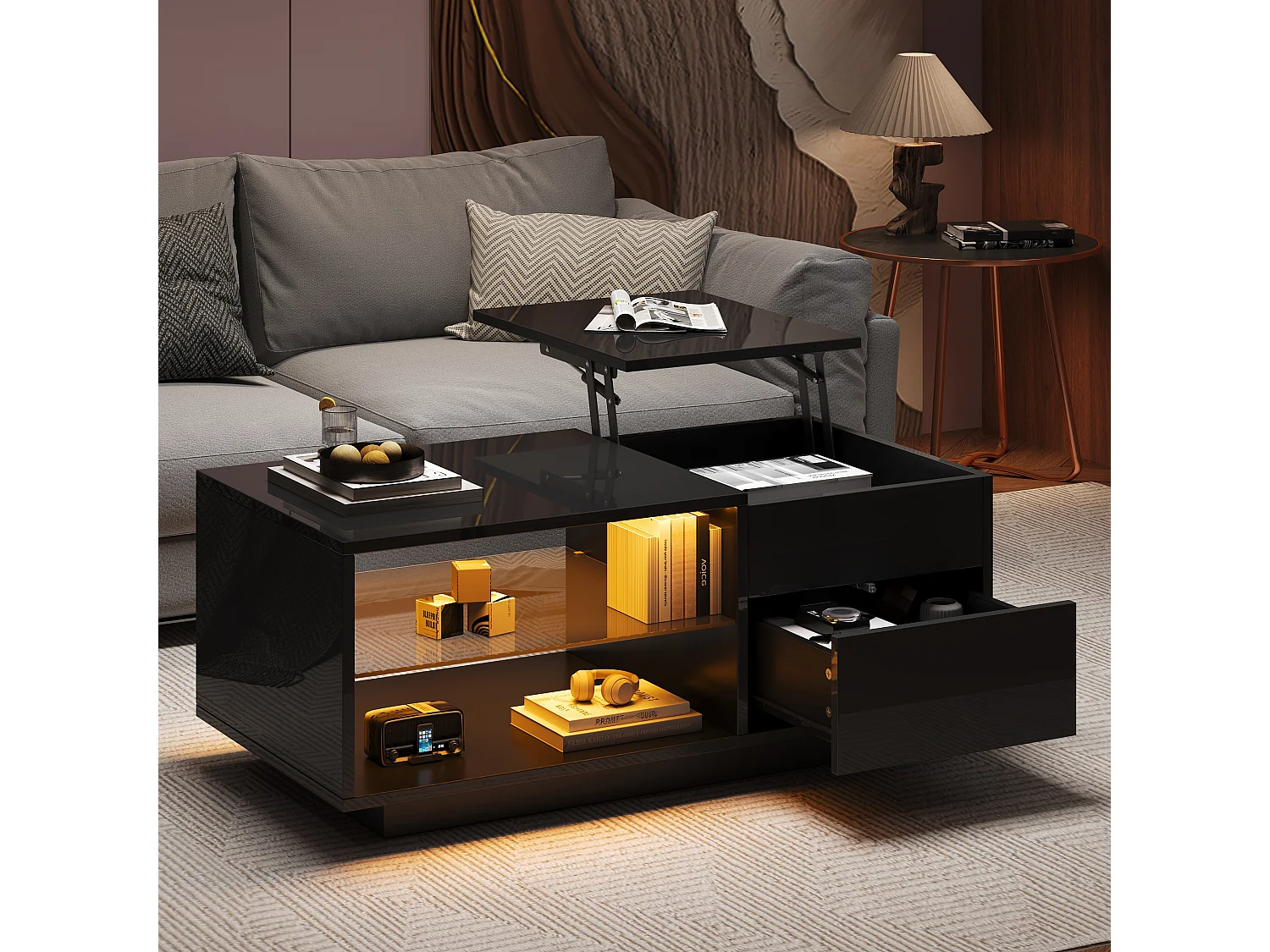 Table basse noire avec fonction hydraulique, LED, 1 tiroir et séparateur en verre, (100x49x40 cm)