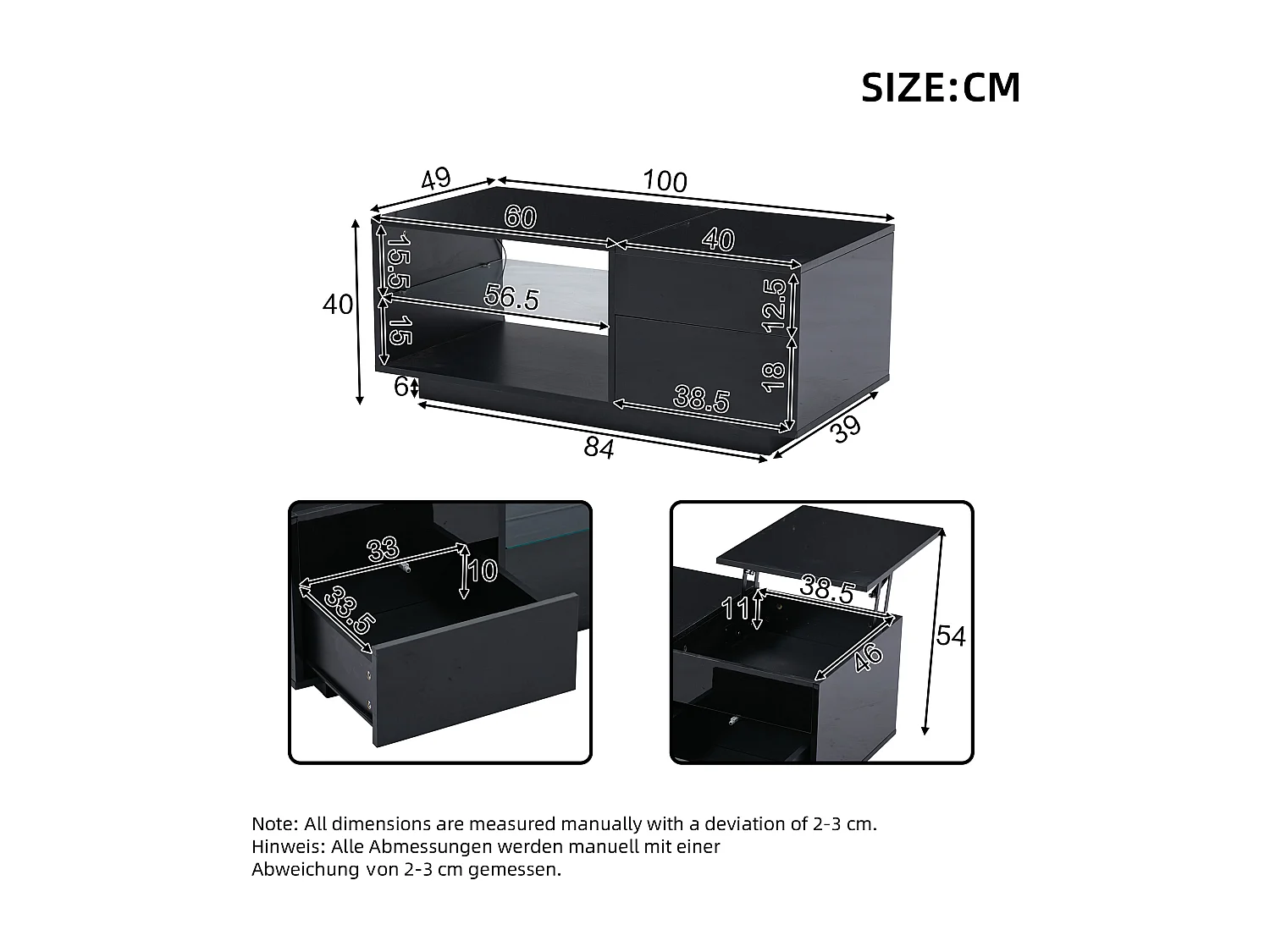 Table basse noire avec fonction hydraulique, LED, 1 tiroir et séparateur en verre, (100x49x40 cm)