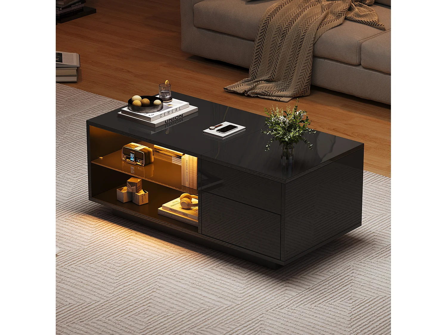 Table basse noire avec fonction hydraulique, LED, 1 tiroir et séparateur en verre, (100x49x40 cm)