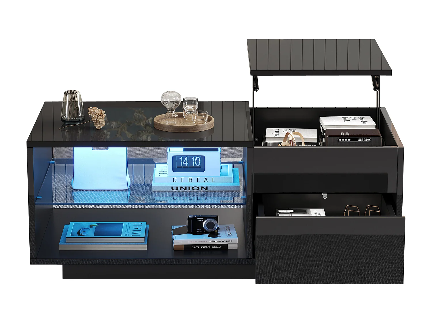 Table basse noire avec fonction hydraulique, LED, 1 tiroir et séparateur en verre, (100x49x40 cm)