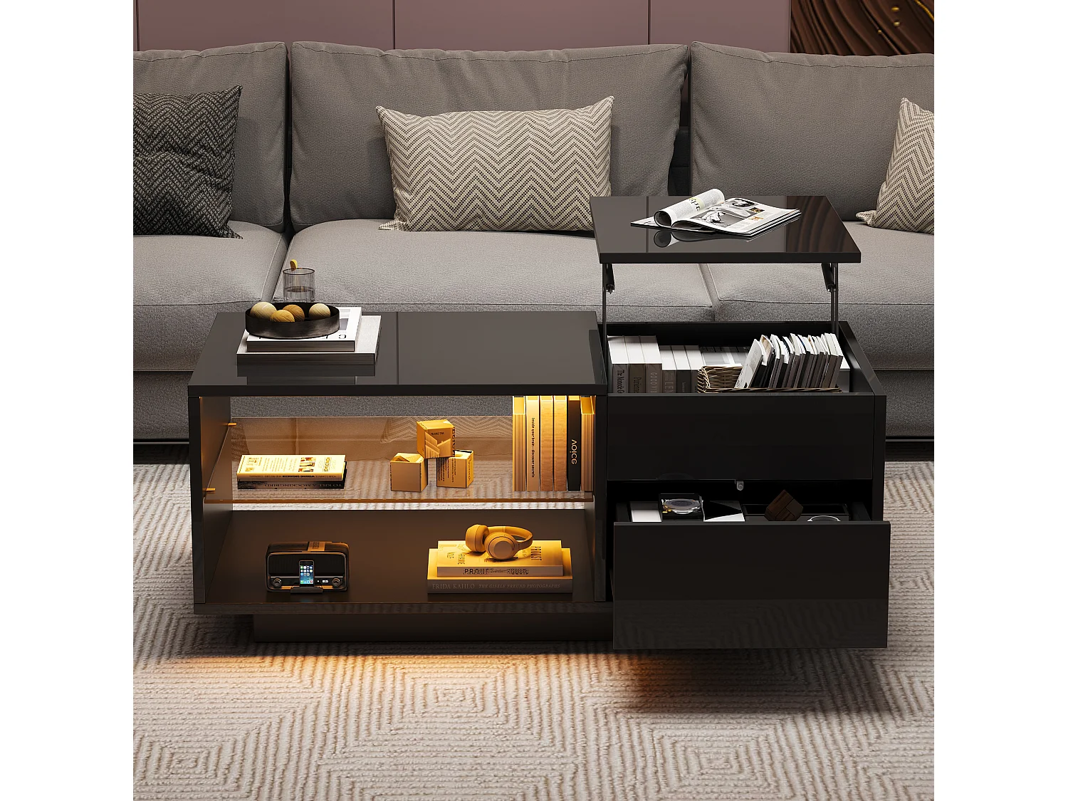 Table basse noire avec fonction hydraulique, LED, 1 tiroir et séparateur en verre, (100x49x40 cm)