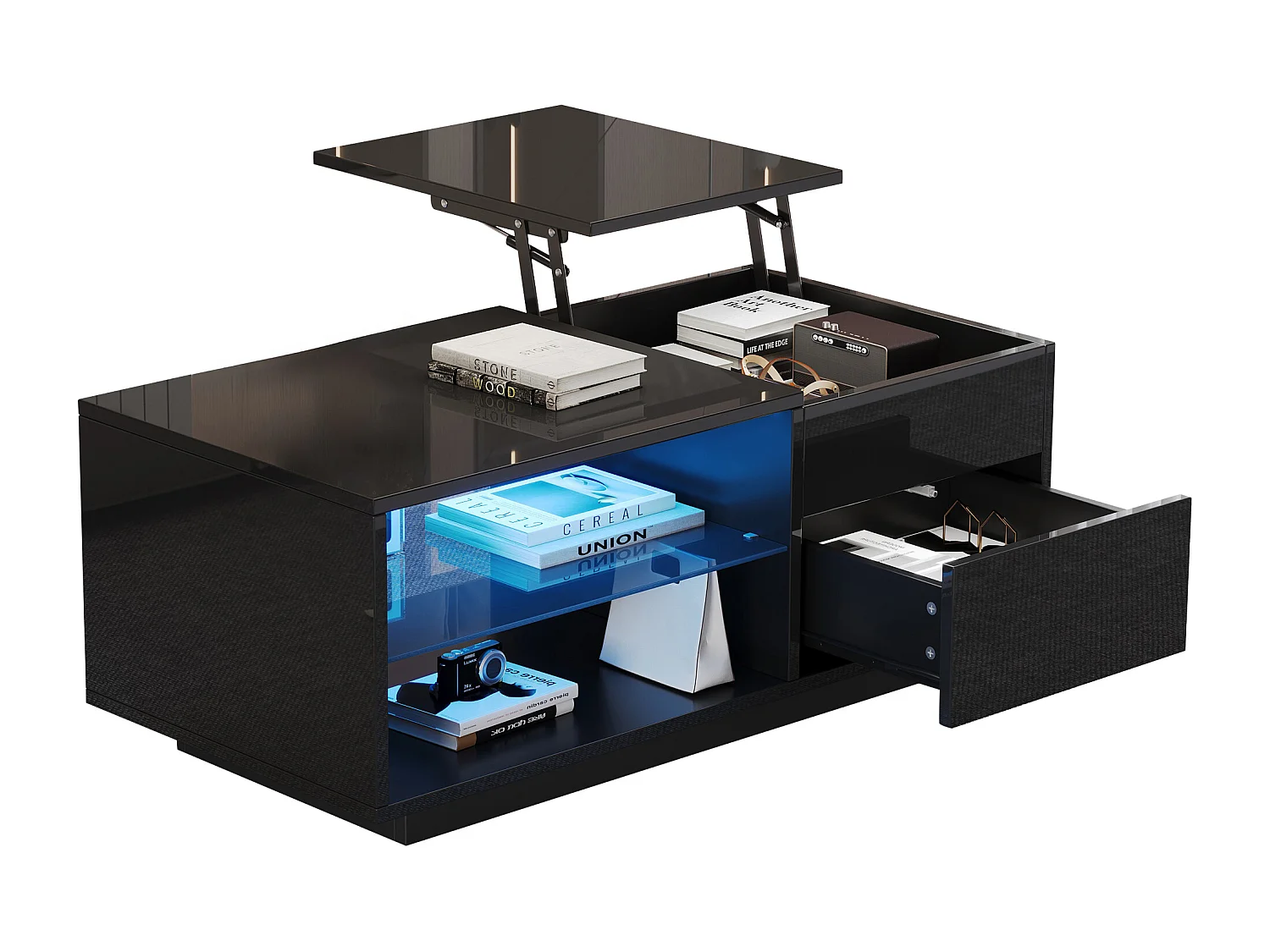Table basse noire avec fonction hydraulique, LED, 1 tiroir et séparateur en verre, (100x49x40 cm)
