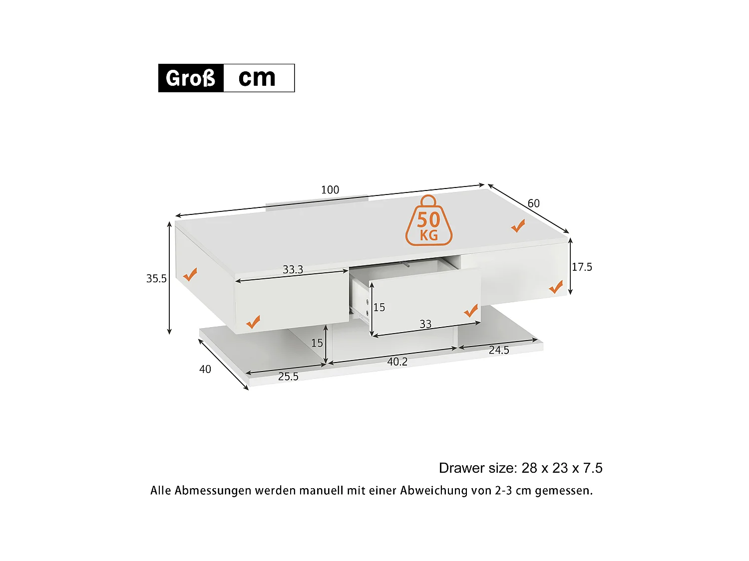 Table basse moderne avec 2 tiroirs, design moderne, MDF, blanc laqué et bois naturel, (100x60x35 cm)