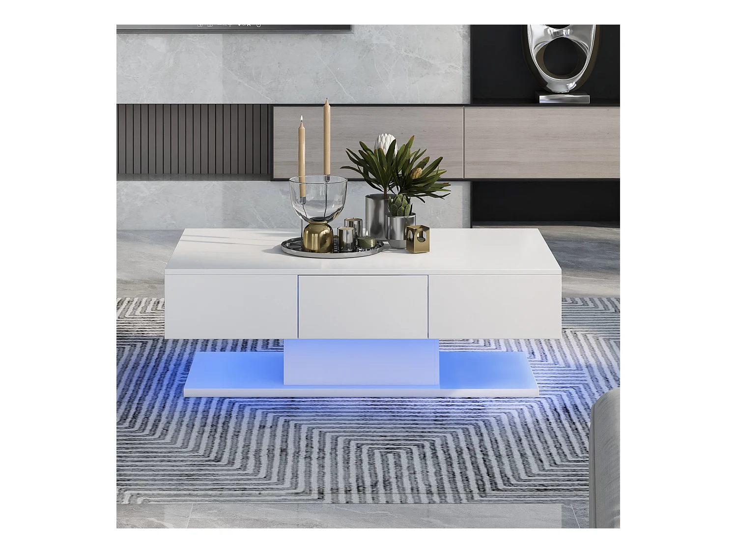 Table basse moderne avec 2 tiroirs, design moderne, MDF, blanc laqué et bois naturel, (100x60x35 cm)