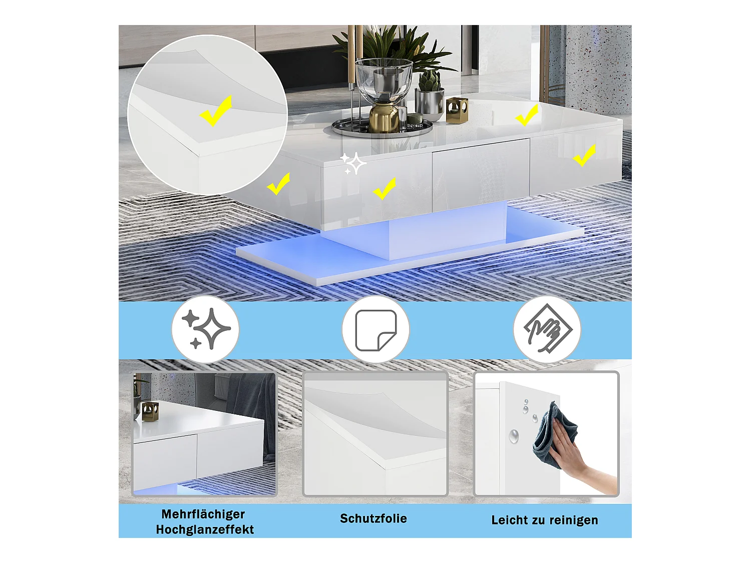 Table basse moderne avec 2 tiroirs, design moderne, MDF, blanc laqué et bois naturel, (100x60x35 cm)
