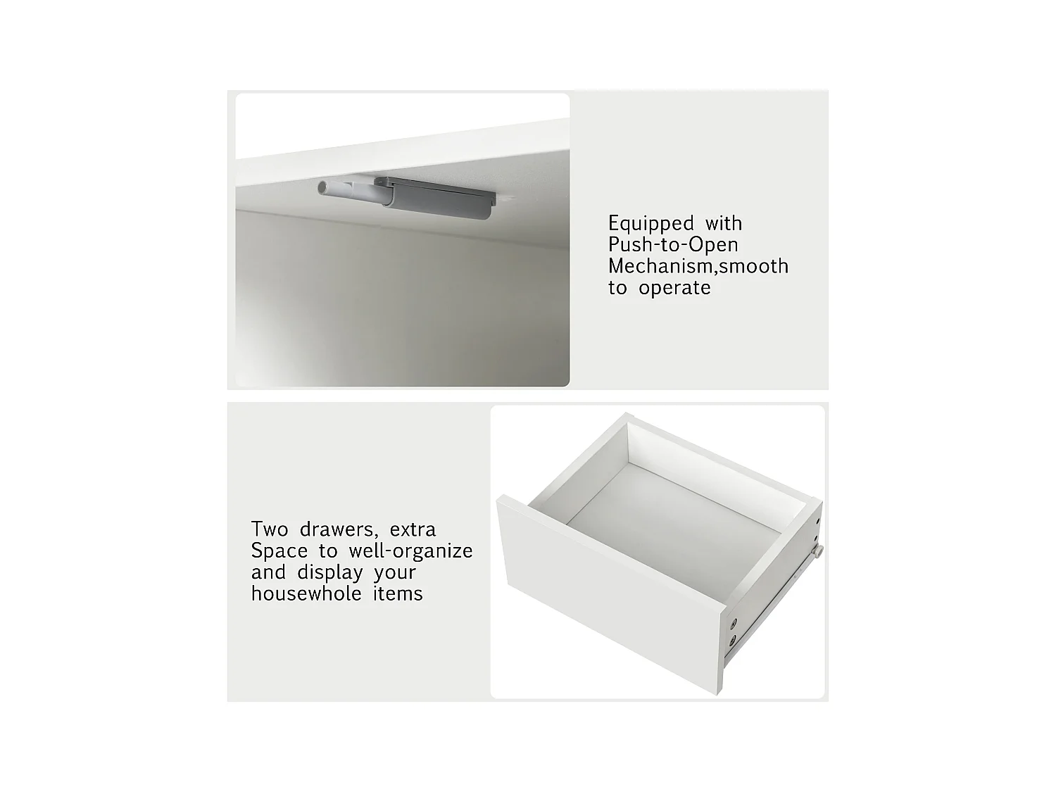 Table basse moderne avec 2 tiroirs, design moderne, MDF, blanc laqué et bois naturel, (100x60x35 cm)