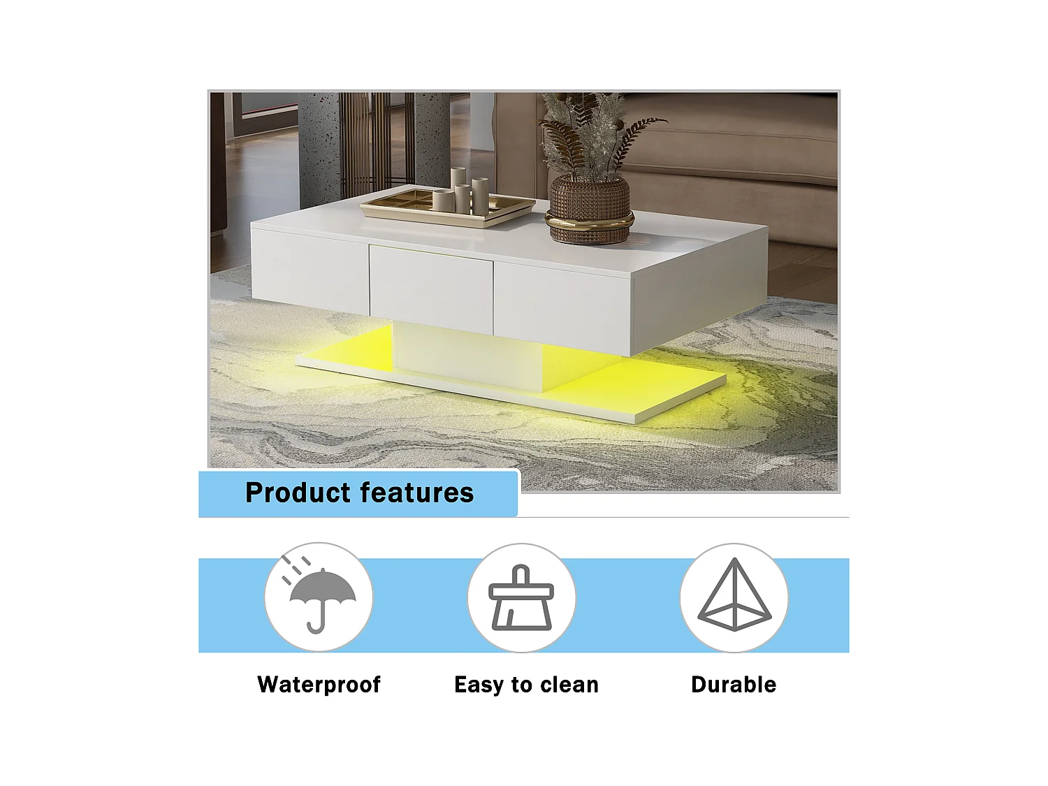 Table basse moderne avec 2 tiroirs, design moderne, MDF, blanc laqué et bois naturel, (100x60x35 cm)