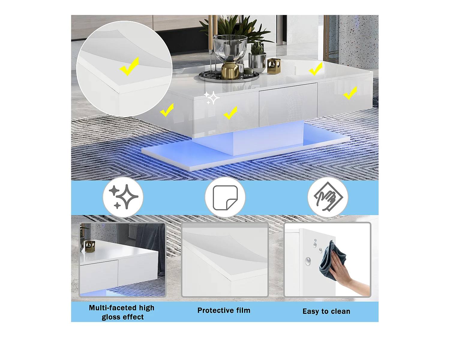 Table basse moderne avec 2 tiroirs, design moderne, MDF, blanc laqué et bois naturel, (100x60x35 cm)